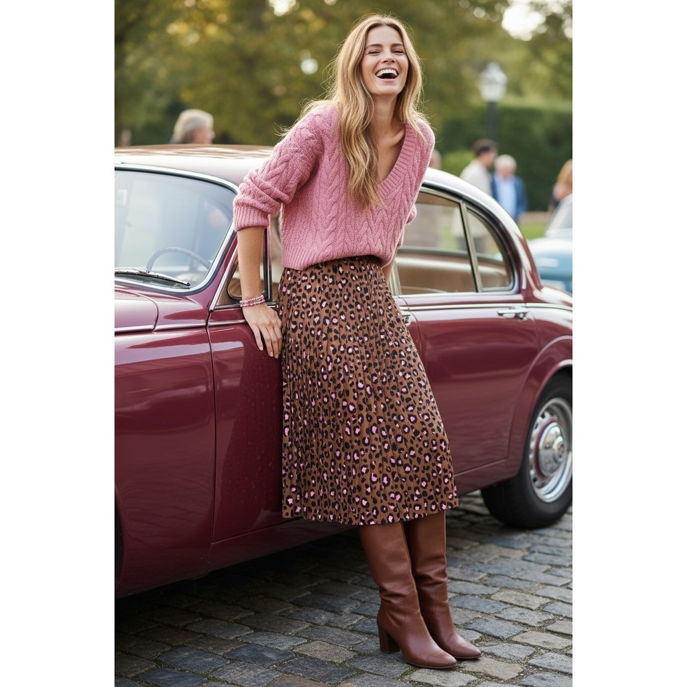 J.Crew Pink Leopard Print Pleated Midi Skirt  Size 12 Accordian Pleat Workwear